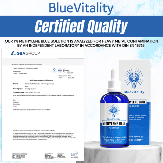 BlueVitality 2% – Double-strength Methylene Blue in pharmaceutical USP grade, 100 ml, lab-tested & Made in Germany