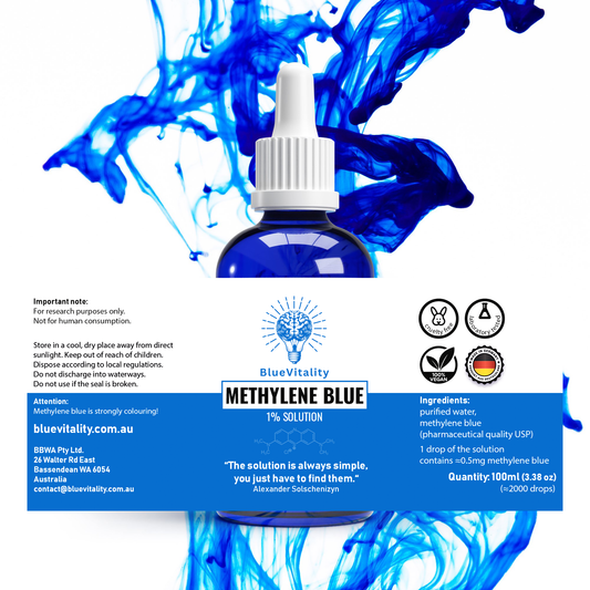 BlueVitality 2% – Double-strength Methylene Blue in pharmaceutical USP grade, 100 ml, lab-tested & Made in Germany