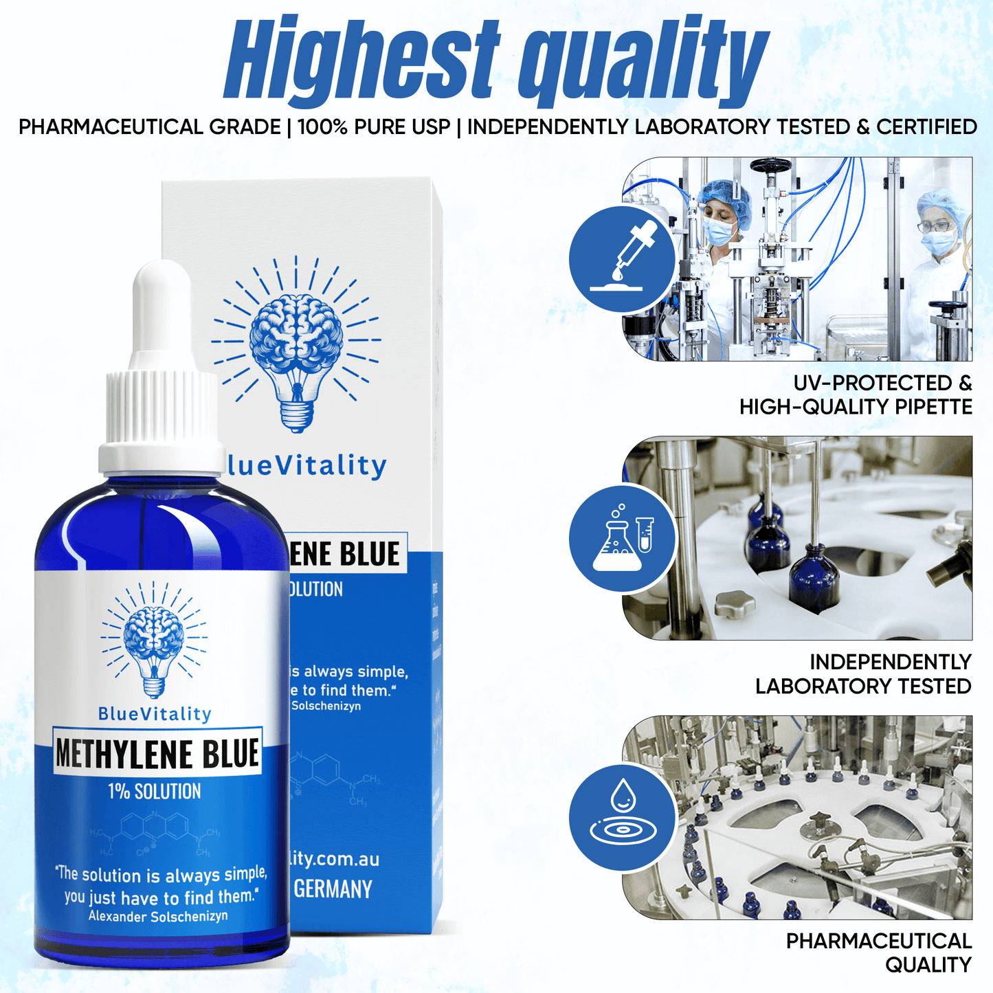 BlueVitality 2% – Double-strength Methylene Blue in pharmaceutical USP grade, 100 ml, lab-tested & Made in Germany