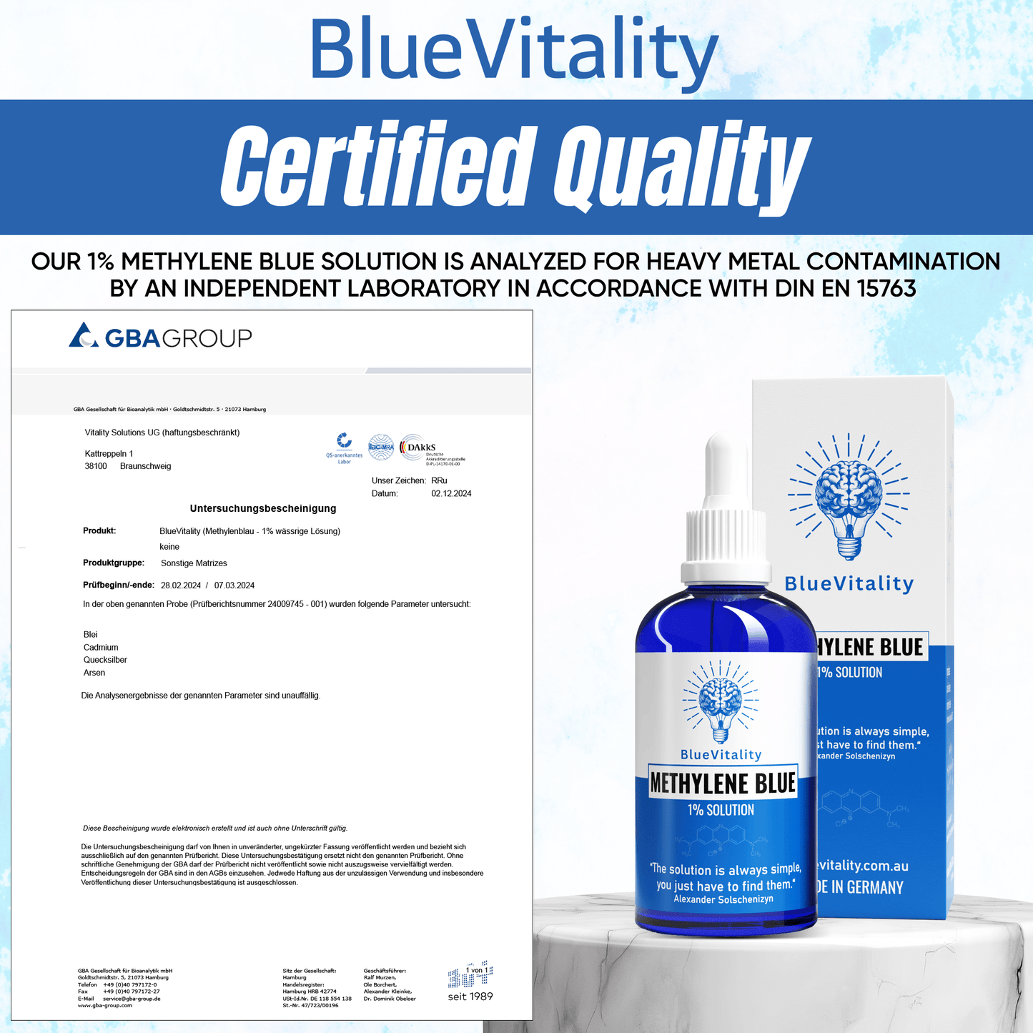BlueVitality 2% – Double-strength Methylene Blue in pharmaceutical USP grade, 100 ml, lab-tested & Made in Germany